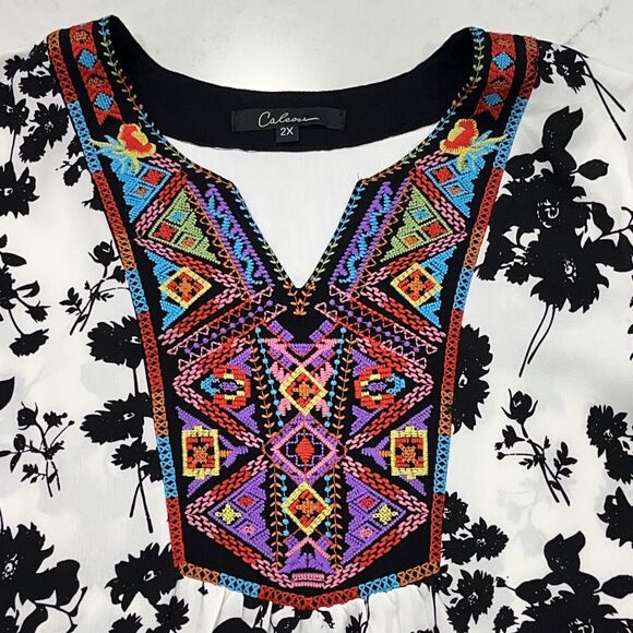 Caleaas Womens 2X Embroidered Tunic Shirt Top Boho Art Wear Lagenlook 3/4 Sleeve - Picture 4 of 11